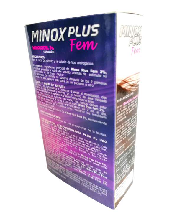 MinoxPlus Fem; parte trasera de la caja donde aparecen las instrucciones del uso.