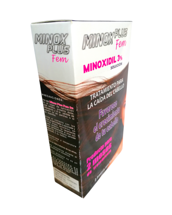 MinoxPlus Fem; parte de una caja de tratamiento donde se ve una advertencia.