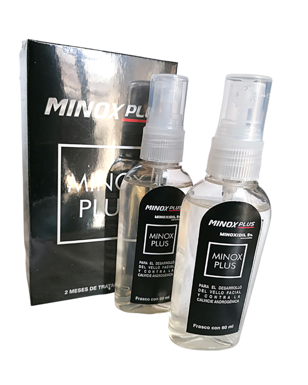 Minox Plus; presentación de dos frascos de minoxidil.