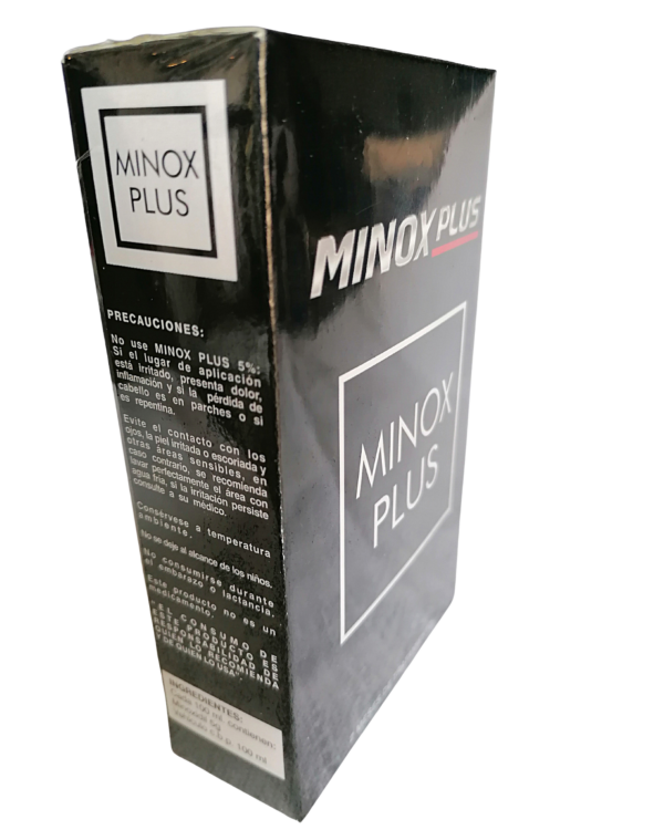 Minox Plus; caja de minoxidil, donde aparecen las precauciones.