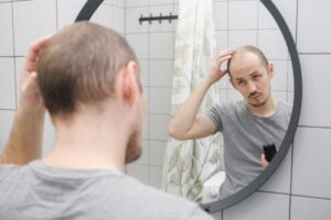 Cápsulas de minoxidil; hombre viéndose al espejo sufriendo de la perdida de cabello