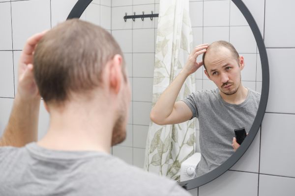 Cápsulas de minoxidil; hombre viéndose al espejo sufriendo de la perdida de cabello 